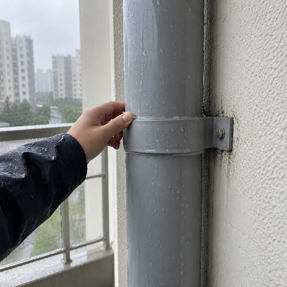 비 오는 날 베란다 밖 회색 우수관의 고정 밴드를 손으로 잡고 있다. (예시 사진)