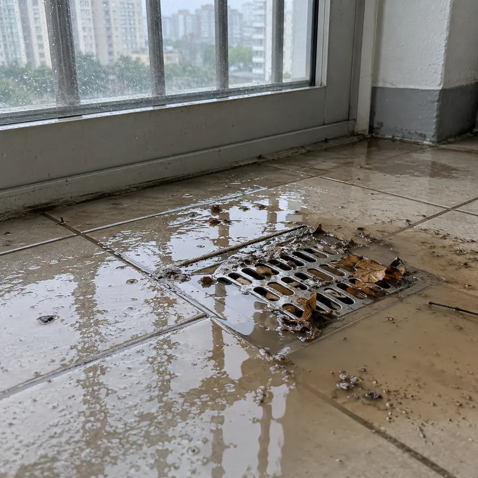 아파트 베란다 바닥 배수구 둘레로 빗물과 흙탕물이 고이고 덮개에 낙엽이 낀 모습 (예시 사진)
