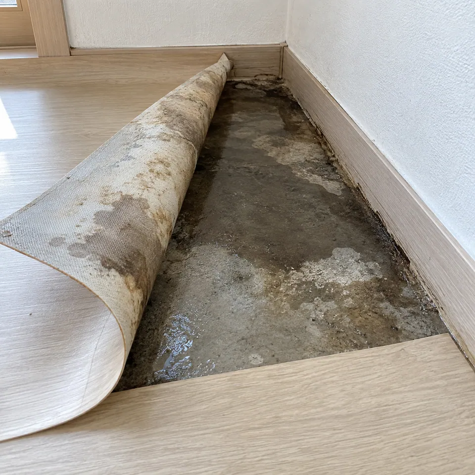 방바닥 장판 모서리를 들추자 아래 시멘트 바닥이 짙게 젖어 있는 모습 (예시 사진)
