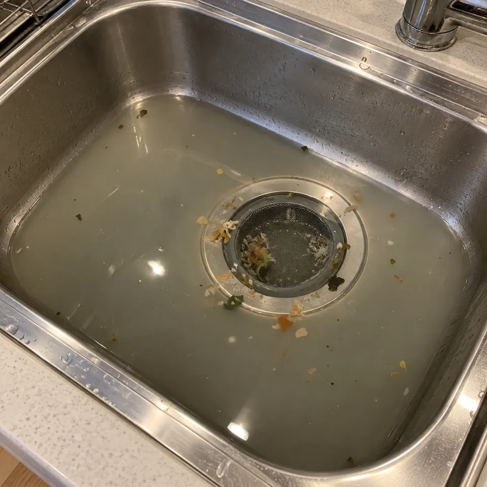 주방 싱크대 개수대에 탁한 물이 고여 빠지지 않고 거름망에 찌꺼기가 남은 모습 (예시 사진)