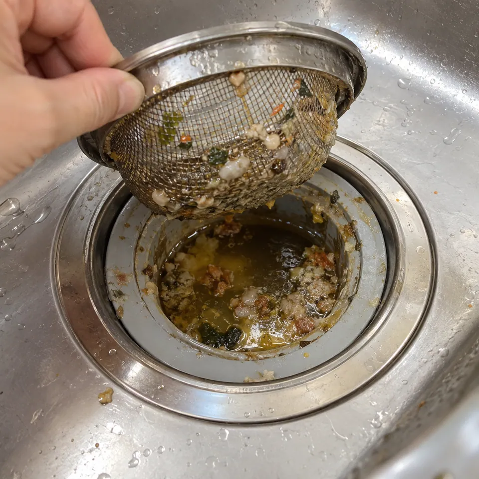 개수대 거름망을 들어 올리자 배수구 입구에 음식물 찌꺼기와 기름때가 고인 모습 (예시 사진)